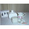 Image 1 : (4) PIECES OF GLASS - (1) MILKGLASS covered compote, (1) white ring box, (1) small flowered creamer,