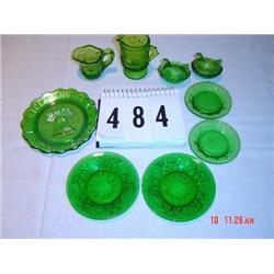 (9) PIECES OF GREEN GLASS - (5) souvenir plates, (2) small Hens on Nests, (2) small creamers
