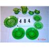 Image 1 : (9) PIECES OF GREEN GLASS - (5) souvenir plates, (2) small Hens on Nests, (2) small creamers