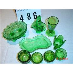 (9) PIECES OF GREEN GLASS - DAISY & BUTTON dish, (3) salts, (1) master salt, (1) basket dish, (1) sa