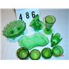 Image 1 : (9) PIECES OF GREEN GLASS - DAISY & BUTTON dish, (3) salts, (1) master salt, (1) basket dish, (1) sa