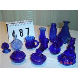 (13) PIECES OF COBALT GLASS - DEGENHART shoe & creamer, small BOYD dinner bell, (1) Hen on Nest, (2)