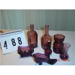 (7) PIECES OF PURPLE GLASS - vases, ladie's shoe