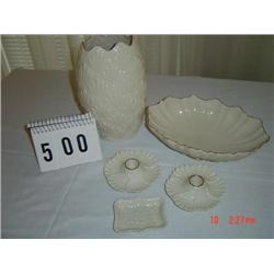 (5) PIECES OF LENOX CHINA - all ivory with gold edge - MATCHING LARGE VASE AND (2) CANDLE HOLDERS, s