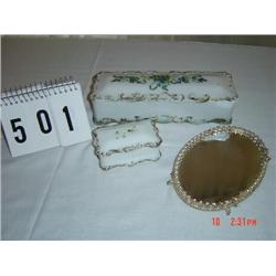 OLD VANITY SET PIECES - long rectangular covered dish, small plateau mirror, small rectangular dish 