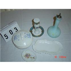 VARIOUS BATHROOM ITEMS - covered powder jar, white dresser dish, flowered soap dish, KPM hatpin hold