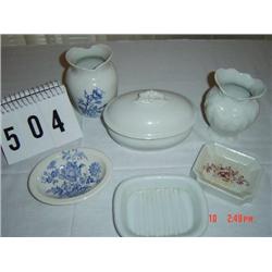 (3) IRONSTONE soap dishes - (2) IRONSTONE pitchers, (1) IRONSTONE COVERED OVAL DISH