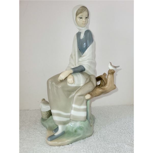 LLADRO GIRL SITTING ON BRANCH WATCHING A BIRD STATUE