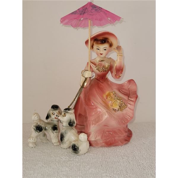 VINTAGE JAPAN GIRL WITH 2 POODLES FIGURINE 1963/4