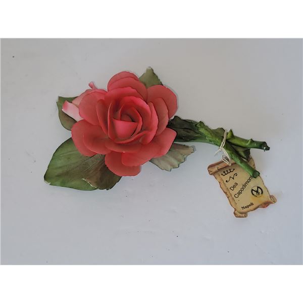 CAPODIMONTE ROSE AND ROSE BUD WITH TAG 6.5" X 2"