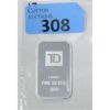 Image 1 : 1 Oz .999 Silver TD Bank Investor Bar