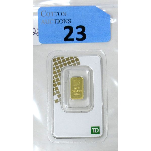 1 Gram .9999 Fine Gold TD Bank Investor Bar 