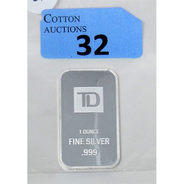 1 Oz .999 Silver TD Bank Investor Bar 