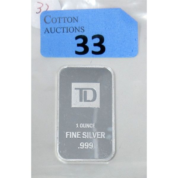 1 Oz .999 Silver TD Bank Investor Bar 