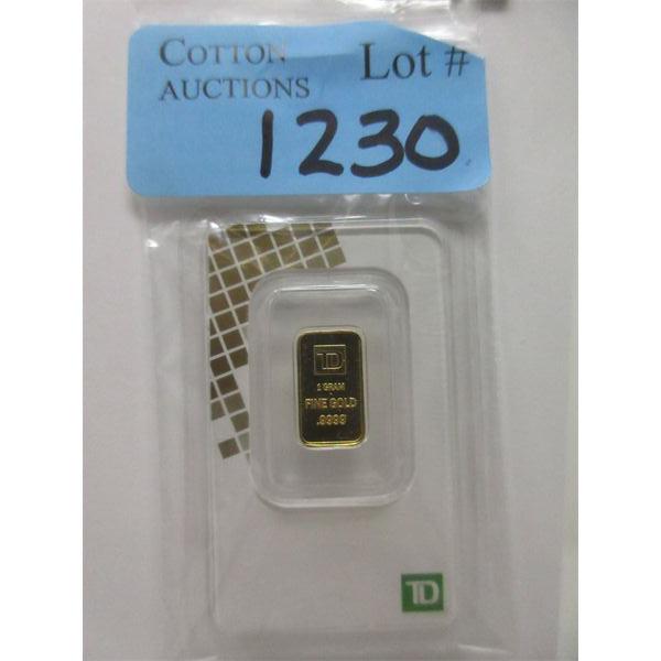 1 Gram .9999 Fine Gold TD Bank Investor Bar 