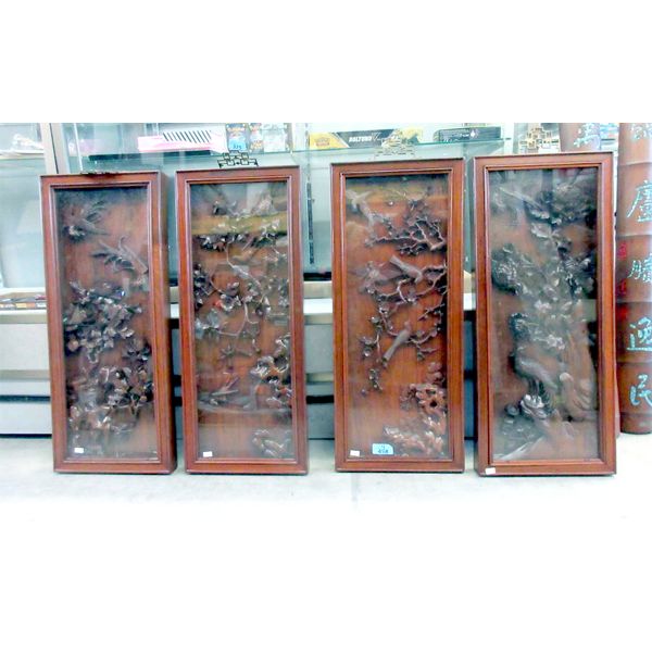 4 Carved Rosewood Wall Panels - Glass Fronted