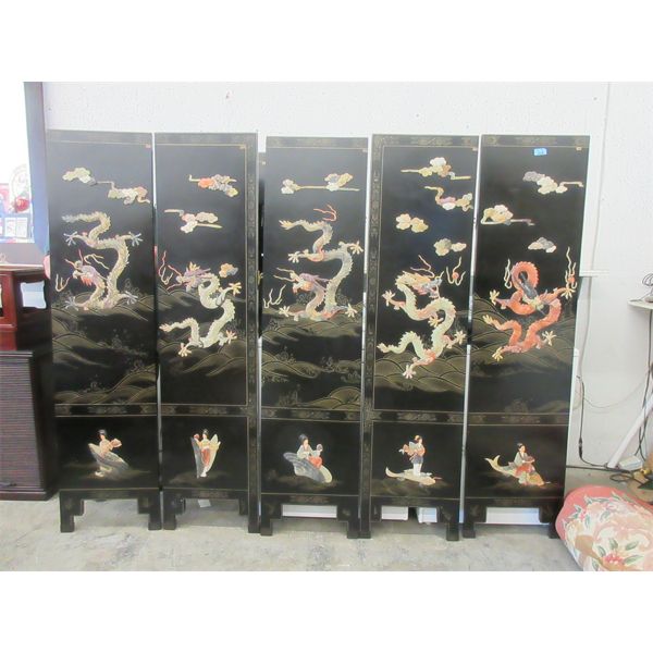 5 Panel Asian Folding Screen with 2D Applied Design