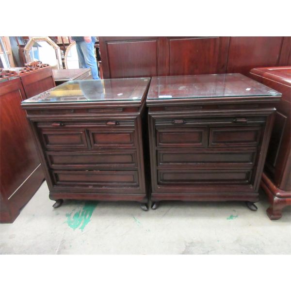 Pair of Glass Topped Rosewood End Tables