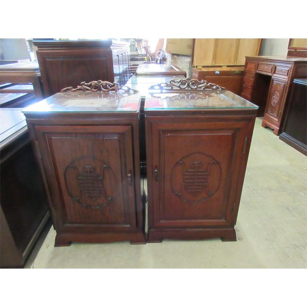 Pair of Glass Topped Rosewood Night Stands