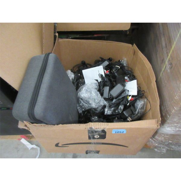 Box of Assorted Stereo Cables, Adaptors and More