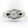 Antique Art Deco Mens 14K White Gold .90 ctw European Diamond Sapphire Etched Ri