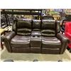 Image 1 : LEATHER RECLINING LOVESEAT WITH MIDDLE STORAGE AND CUP HOLDERS APPROX 76" LONG