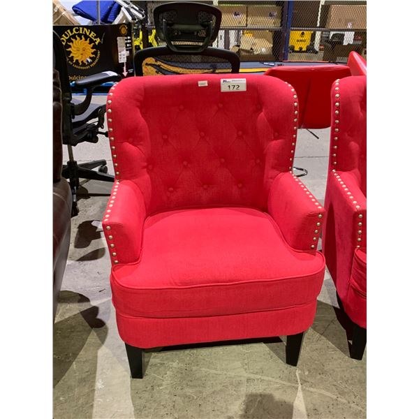 RED BUTTON BACK LOUNGE CHAIR APPROX 36  T X 20  W X 24  D