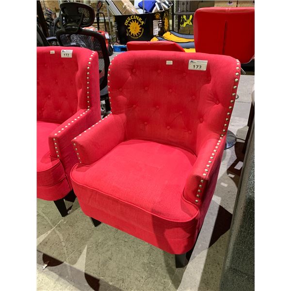 RED BUTTON BACK LOUNGE CHAIR APPROX 36  T X 20  W X 24  D