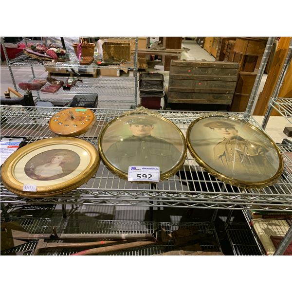 LOT OF WOODEN CLOCK AND VINTAGE PICTURE