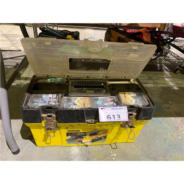 STANLEY 19  TOOLBOX WITH ASSORTED CONTENTS INCLUDING; HARDWARE, DRILL BITS, RECIPROCATING SAW