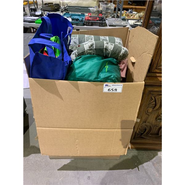 BOX OF CUSHIONS, PILLOWS, GROCERY BAGS AND MORE