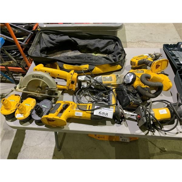 LOT OF ASSORTED 18V DEWALT TOOLS AND ELECTRIC INCLUDES; HAMMER DRILL, SAWZALL AND MORE