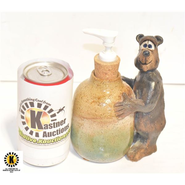 POTTERY BLACK BEAR SOAP DISPENSER SIGNED