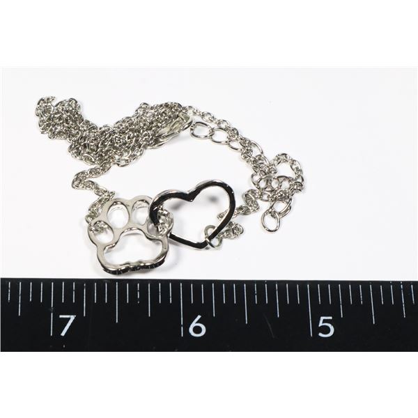 NEW SILVER TONE PAW AND HEART NECKLACE