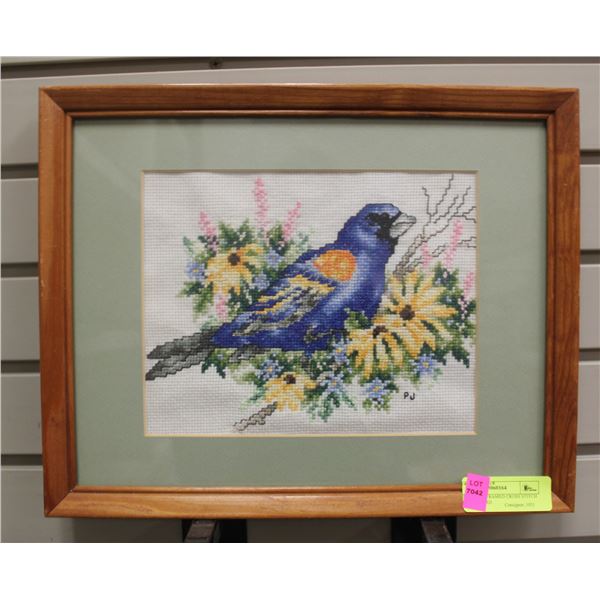 15.75" X 12" FRAMED CROSS STITCH OF BLUE BIRD