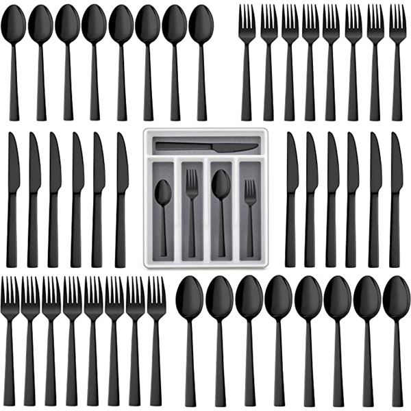 NEW UNPACKED LIANYU 60PC BLACK SILVERWARE W/