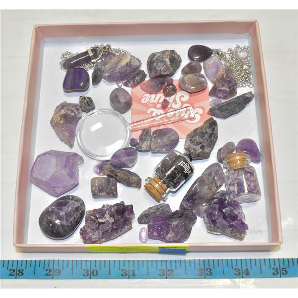 TRAY OF GENUINE AMETHYST RAW + POLISHED GEMSTONES