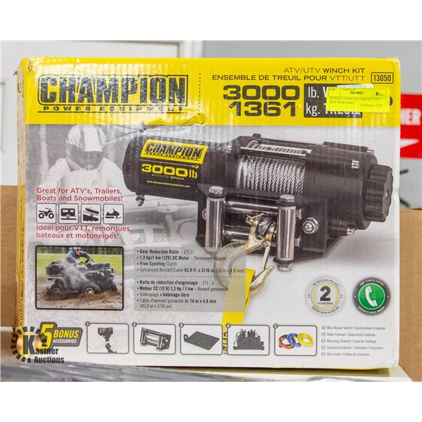 IN BOX CHAMPION 3000LBS ATV / UTV WINCH KIT