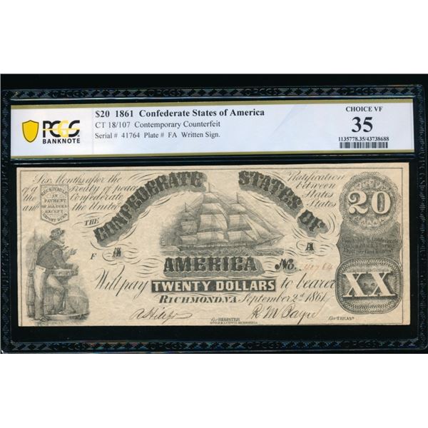 1861 $20 CT-18 Confederate PCGS 35