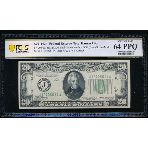 1934 $20 Kansas City FRN PCGS 64PPQ