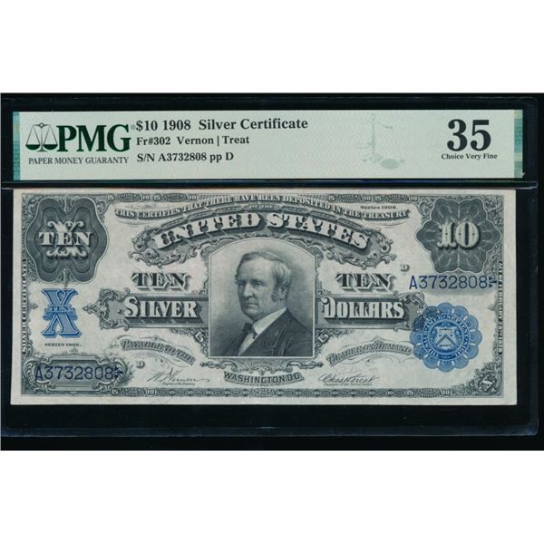 1908 $10 Tombstone Silver Certificate PMG 35