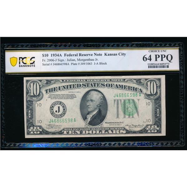1934A $10 Kansas City FRN PCGS 64PPQ