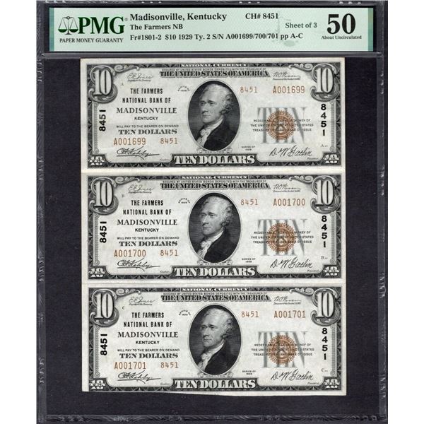 1929 $10 Madisonville KY Uncut Sheet PMG 50