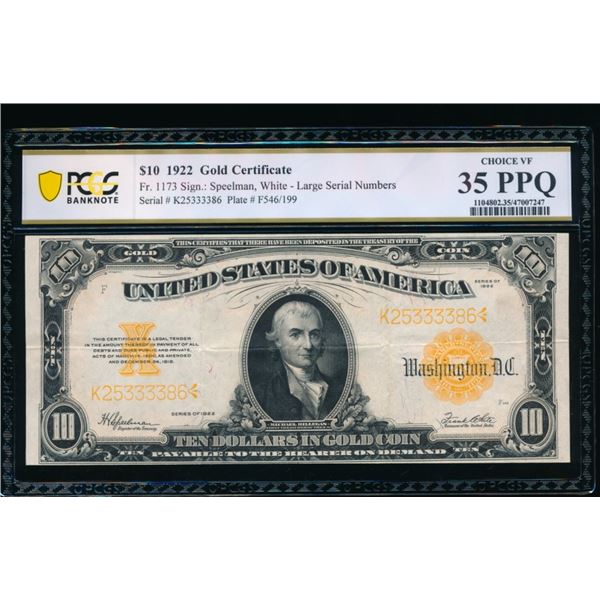 1922 $10 Gold Certificate PCGS 35PPQ