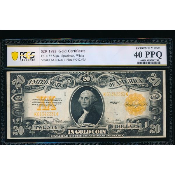 1922 $20 Gold Certificate PCGS 40PPQ