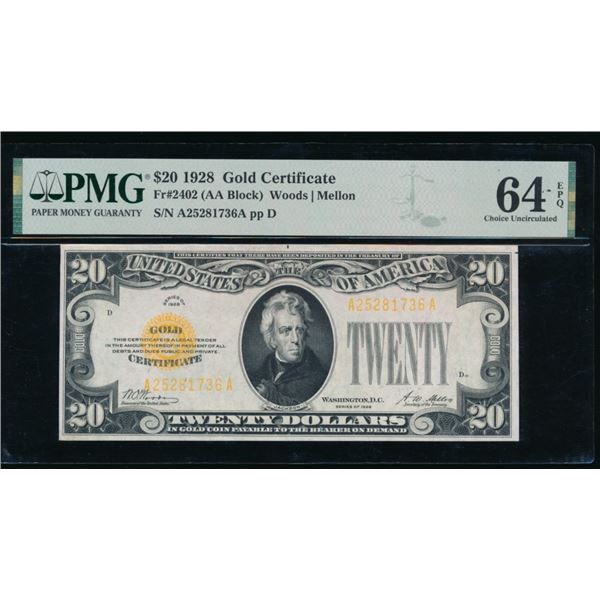 1928 $20 Gold Certificate PMG 64EPQ