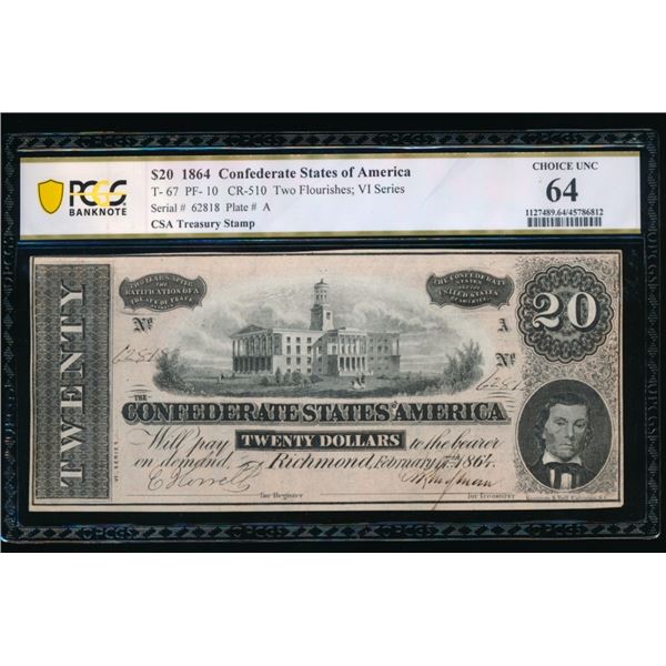 1864 $20 T-67 Confederate PCGS 64