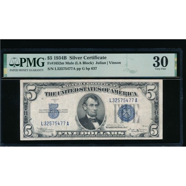 1934B $5 Mule Silver Certificate PMG 30