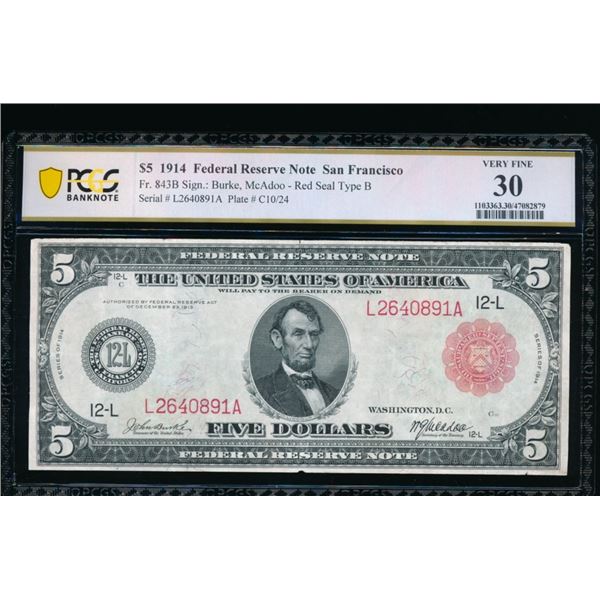 1914 $5 Red Seal San Francisco FRN PCGS 30