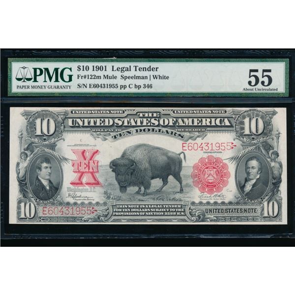 1901 $10 Bison Mule Legal Tender Note PMG 55